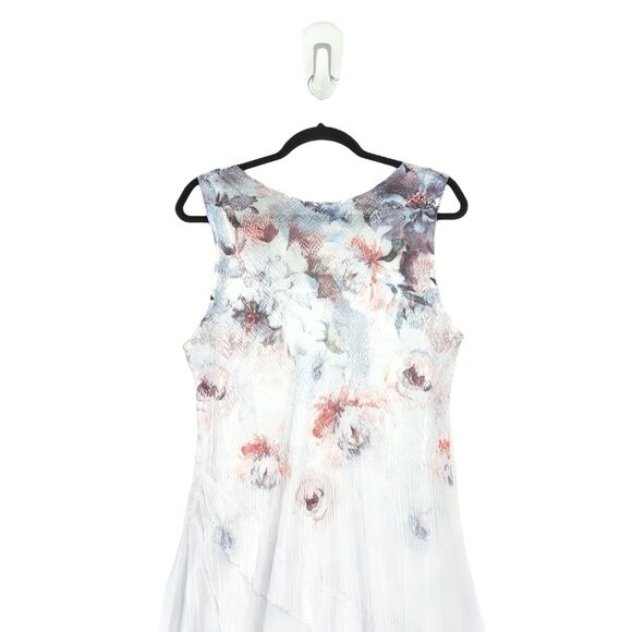 Komarov Women L Ruffle Dress Watercolor Border Ivory White Floral Maxi Charmeuse - Picture 8 of 10